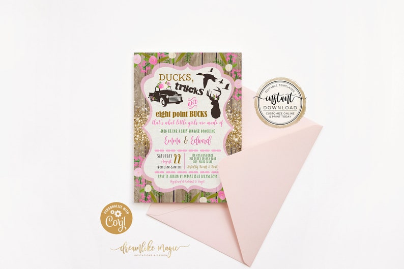 Ducks Trucks and Bucks, BABY GIRL Shower Invitation Set, Rustic Wood Southern Girly Hunting Deer Baby Sprinkle Invite, Printable Editable image 6