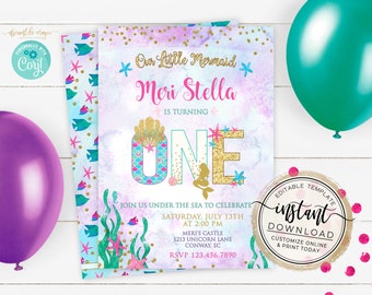 Mermaid First Birthday Invitation, Our Little Mermaid Invite, Turning ONE, Watercolor Mermaid, Printable Editable Template, Girl Birthday