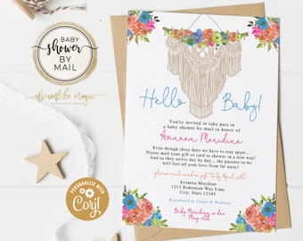Boho Baby Shower by Mail Invitation, Colorful Floral Long Distance Bohomien Macrame Shower, Editable Template, Alternate Baby Shower Invite