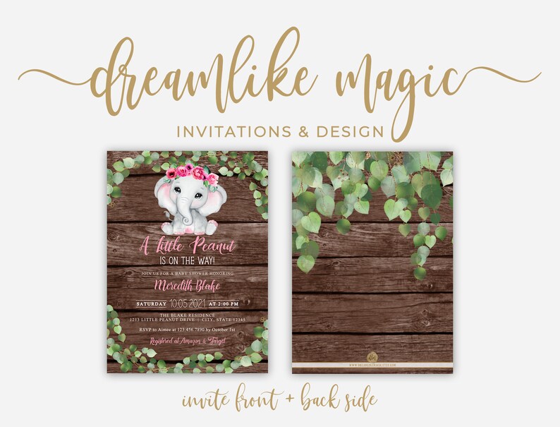 Elephant Baby Shower Invitation, Little Peanut is on the way, Pink, Girl Greenery Floral, Rustic Wood Style, Self Editable Invite Template image 2