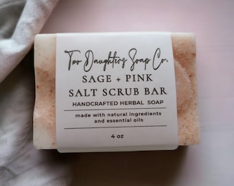 Handcrafted Sage + Pink Salt 4oz Scrub Bar Soap