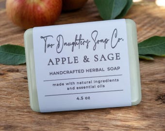 Apple Sage Soap: Shea Butter & French Green Clay - 4.5oz Natural Bar, Handmade Soap