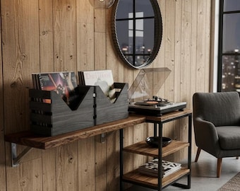 Carbon Grey Reclaimed Wood Vinyl Record Crate – Rustic LP Album Holder, Flip Bin Storage