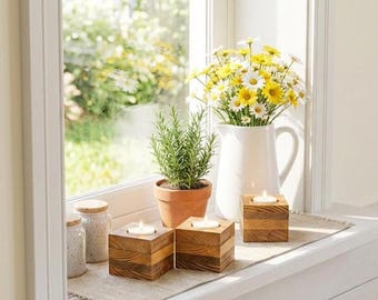 Reversible reclaimed wood tealight holder for farmhouse centerpieces
