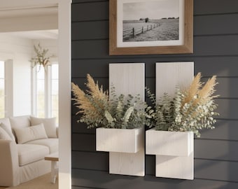 Antique White Wood Wall Sconces – Shabby Chic Farmhouse Candle Holder Planter Shelves