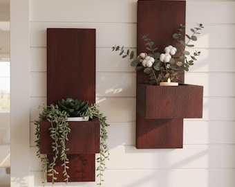 Espresso Reclaimed Wood Sconces – Rustic Farmhouse Candle Holder, Planter Shelves