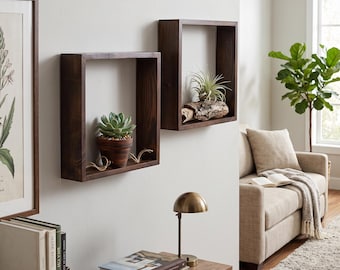 Dark Walnut Floating Shelf – Reclaimed Wood Rustic Geometric Cube Display