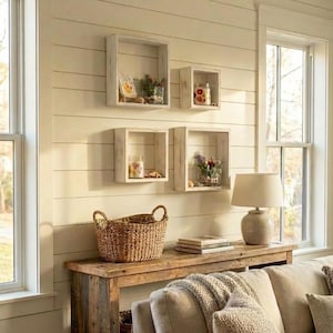 Reclaimed Wood Floating Cube Shelf – Rustic Farmhouse Wall Decor, Texas Salvaged Shadow Box