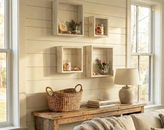 Reclaimed Wood Floating Cube Shelf – Rustic Farmhouse Wall Decor, Texas Salvaged Shadow Box