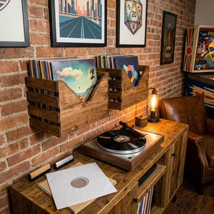 Handcrafted reclaimed wood vinyl record storage crate and LP album holder