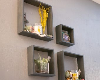 Carbon Grey Floating Box Shelf – Reclaimed Wood Rustic Farmhouse Geometric Display