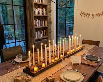 Walnut Wood Candle Holder – Tiered Rustic Farmhouse Centerpiece, Taper Tealight Dining Decor