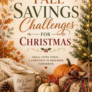 Puede incluir: Un cartel decorativo titulado Fall Savings Challenges for Christmas con hojas de otoño, un pequeño árbol de Navidad, una taza con el texto Let's Save for Christmas, calabazas, piñas y un regalo con una etiqueta que dice Dream Save Enjoy.
