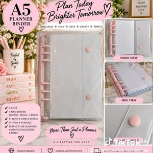 May include: A clear A5 planner binder featuring a pink six-ring mechanism and two pink snap closures. The binder includes an inside view, a side view, and a close-up of the snap closure. Text on the image includes Plan Today Brighter Tomorrow.