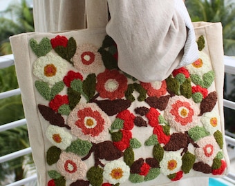 Borsa tote, Borsa tote fatta a mano, Punch Needle, Regalo fatto a mano, Borsa tote ricamata, Borsa trapuntata a mano, Regalo per lei, Borsa tote artigianale
