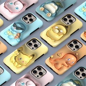 Custodia rigida per telefono con effetto visivo 3D a tema Pokémon Chibi, custodia carina per iPhone 16, 15, 14, 13, 12, 11 Pro, ProMax, XS, Galaxy S25, S24, S23, S22 Ultra Plus