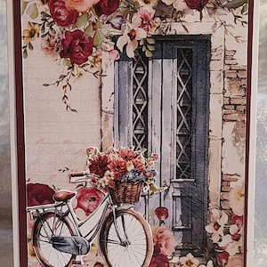 Verjaardagskaart, fiets met mand, buitenshuis, rozen