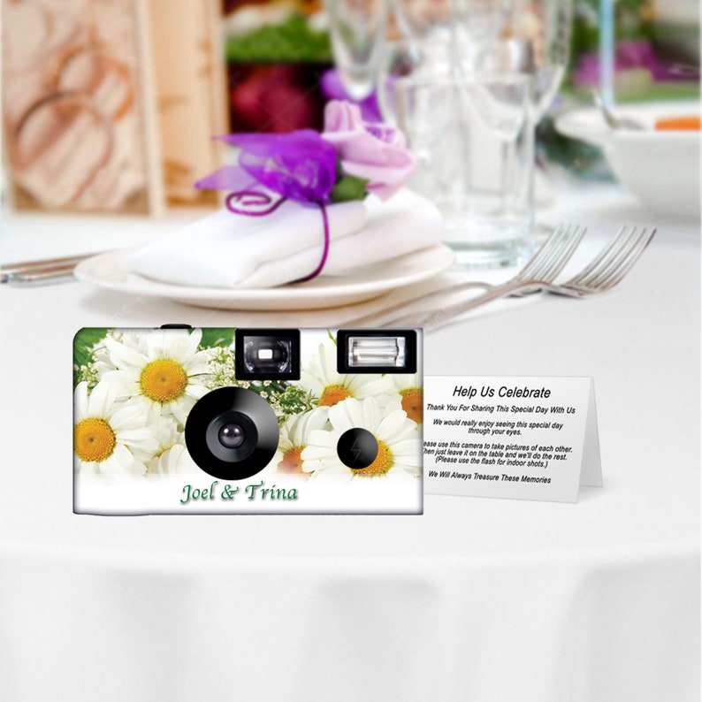 10 cameras-White Daisies Disposable Cameras- Fuji color film Party Cameras wflash-PERSONALIZE-wedding camera F50140