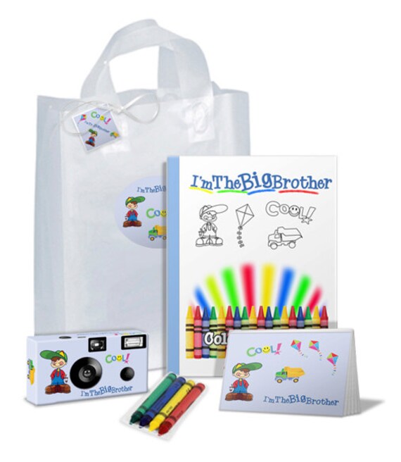 I'm The Big Brother Gift Bag -- full of goodies in BLUE -- camera, photo album, coloring book, crayons, gift tag-can be PERSONALIZED PKG608 Il_570xn