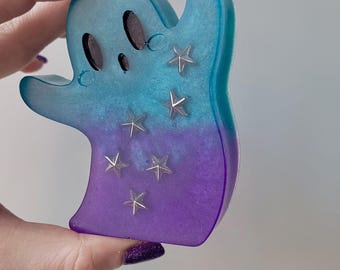 Adorno de resina fantasma con forma de estrella punk, color azul y morado, estilo gótico, espeluznante, ideal como decoración para estantes, regalo de Halloween.