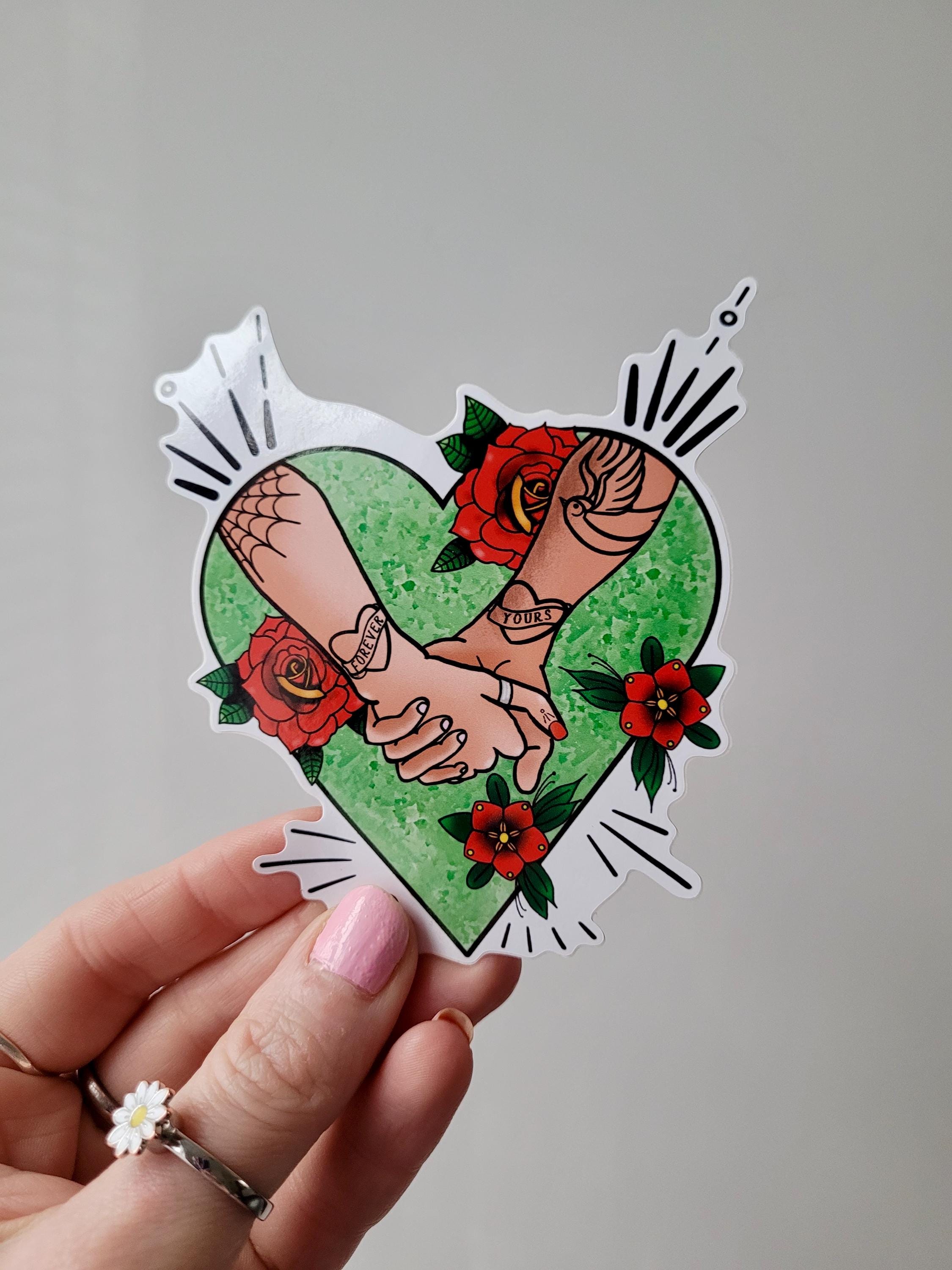 Forever Yours Tattooed Holding Hands Heart Sticker – Tattoo-Inspired Vinyl Decal – Alternative Love Art