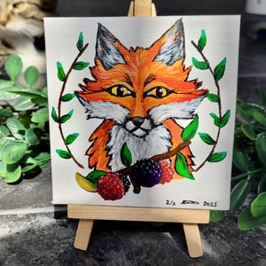 Fox & Brambles Mini Canvas Painting – Tattoo-Inspired Woodland Art, Original Acrylic, Cottagecore Home Decor, Unique Gift for Nature Lovers