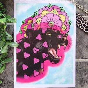 Tattoo Inspired Black Heart Panther & Mandala Art Print – A4 Medium Size, Bold Alternative Wall Decor, Neo-Traditional Flash Poster