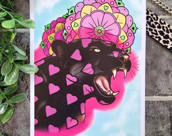 Tattoo Inspired Black Heart Panther & Mandala Art Print – A4 Medium Size, Bold Alternative Wall Decor, Neo-Traditional Flash Poster