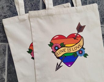 Pride Tote Bag – Love Is Love Tattoo Heart, Progress Flag Colours, LGBTQ+ Ally Bag, Canvas Shopper, Alternative Gift, Handmade