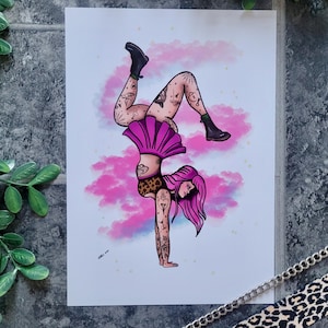 Tattooed Handstand Girl Bold Bright Prim Art Print – Traditional Circus-Inspired, Bold Tattoo Art – A4 & A6 Sizes Available