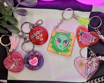 Tattoo Alternative, Goth, Y2K & Spooky Aesthetic Keyrings | ADHDAF, Alien, Rose, Hearts Keychains |