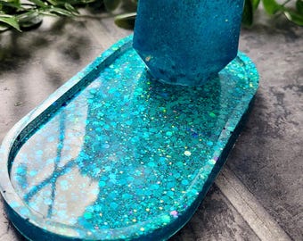 Blue Teal Resin Trinket Tray & Pot Set – Glittery Handmade Home Decor, Jewellery Holder, Desk Storage, Rolling Tray, Desk Organiser