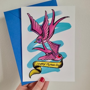 Carte de fête des mères - Hirondelle tatouage - Cadeau alternatif pour maman - Rockabilly, Art traditionnel | Fête des mères gothique, punk rock, carte unique faite main