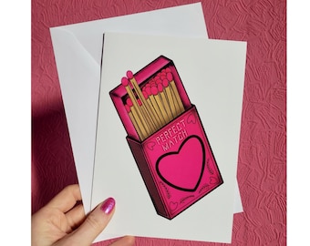 Perfect Match Pink Matchbox A5 Greeting Card – Tattoo Flash Design – Anniversary, Valentine’s – Bold, Unique, Alternative. Blank card