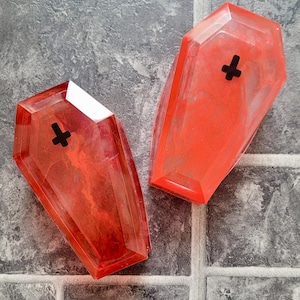 Bloody Horror Coffin Trinket Box | Red with Black Upside Down Cross - Gothic Decor, Spooky Storage, Handmade Resin Box