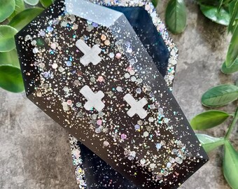 Black Grey Goth Coffin Trinket Box with Lid – Handmade Resin Glitter Storage for Jewellery, Crystals & Witchy Decor, Witch Gift,