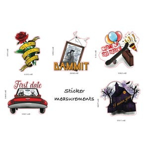 May include: Five sticker designs with different themes. The first sticker is red and yellow with the text "All the small things". The second sticker is yellow with the text "DAMMIT". The third sticker is blue, red, and yellow with the text "What's my age again?". The fourth sticker is red with the text "First date". The fifth sticker is purple and black with the text "I miss you".