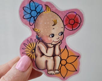 Kewpie Baby Sticker Holographic Star Vinyl – Cute Retro Style Tattoo Inspired Art Sticker – Handmade Alt Aesthetic Flower Decal