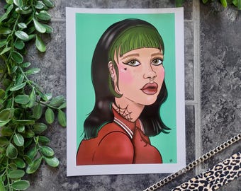 Alternative Tattoo-Inspired Portrait Print | Punk Girl Art | Grunge Aesthetic Wall Decor | A4 Glossy Art Print