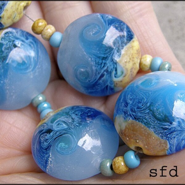 SeaSide  Large Handmade Glass Lampwork Lentil Beads by sfd SRA Ocean Waves and Island Dreams