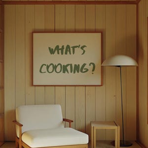 夕食は何にしよう 横長プリント セージグリーン キッチンウォールアート キッチンプリント ミッドセンチュリープリント トレンディなポスター タイポグラフィ 細幅プリント デジタル
