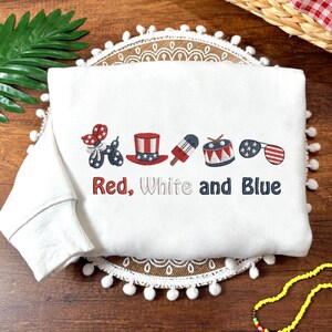 America Summer Icons Embroidered Sweatshirt, Red White Blue Ice Cream Hat Drum Design, 4th July Gift For Him Her ESH4608