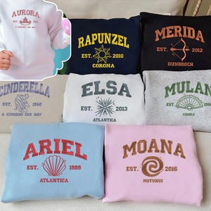 Embroidered Princess Kids Sweatshirt, Elsa Cinderella Ariel Moana Belle Rapunzel Mulan Merida Royal, Cartoon Lover, Girl Gift ESH4288-4298