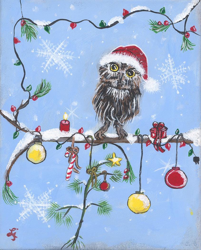 Baby Owl at Christmas Time. 8x10 print