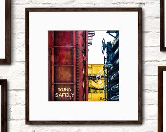 Work Safely - Train Photography - Railroad Photo - Train Art Print - Red Yellow Blue - Kids Train Art - Abstract Primary Color Train Picture