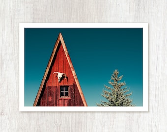 Alpine A-Frame - Cow Skull Photograph - Southwestern Rustic Wall Art - Old West Americana Photography - Western Cabin Photo - Red White Blue