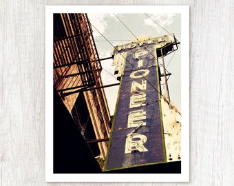 Pioneer - Vintage Neon Sign Photograph - Retro Hotel Sign Photo Print - Man Cave Art - Western Travel Photography - Old West Wyoming Photo