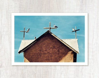 The Congregation - Southwestern Art - New Mexico Church Photo Print - Bird Photograph - Turquoise & Adobe Color Photograph