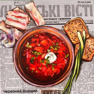 Ukrainian red borscht still life Original handmade acrylic painting Traditional food wall art Rustic kitchen decor Best gift from Ukraine