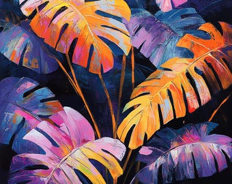 May include: An abstract painting of tropical leaves in vibrant colors. The large leaves are primarily orange, yellow, pink, and purple, set against a dark blue background. The artwork has a textured, painterly style.